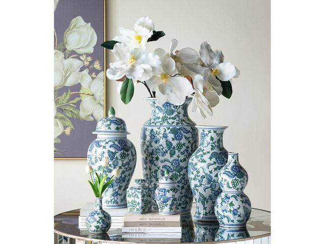 24" White Blue And Green And White Chinoiserie Porcelain Table Vase