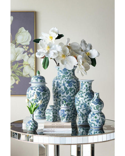 24" White Blue And Green And White Chinoiserie Porcelain Table Vase