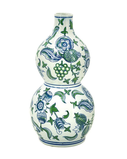 13" White Blue And Green Chinoiserie Porcelain Wavy Gourd Table Vase
