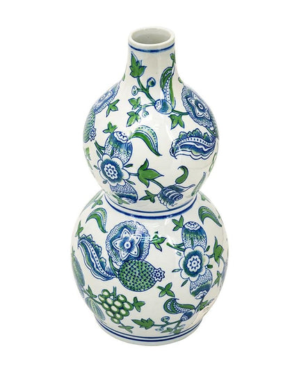 13" White Blue And Green Chinoiserie Porcelain Wavy Gourd Table Vase