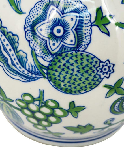 13" White Blue And Green Chinoiserie Porcelain Wavy Gourd Table Vase
