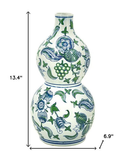 13" White Blue And Green Chinoiserie Porcelain Wavy Gourd Table Vase