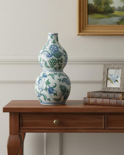 13" White Blue And Green Chinoiserie Porcelain Wavy Gourd Table Vase