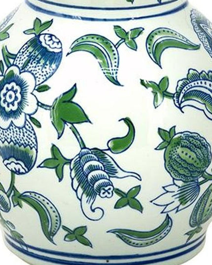 13" White Blue And Green Chinoiserie Porcelain Wavy Gourd Table Vase