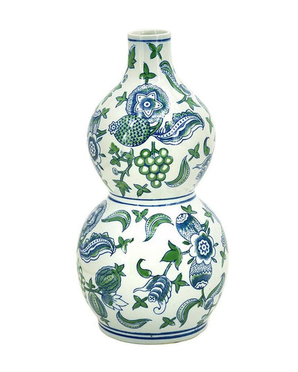 13" White Blue And Green Chinoiserie Porcelain Wavy Gourd Table Vase