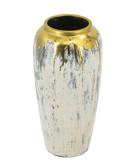 14" Gray Ivory And Gold Modern Abstract Ceramic Table Vase