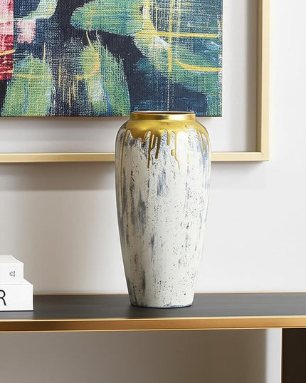 14" Gray Ivory And Gold Modern Abstract Ceramic Table Vase