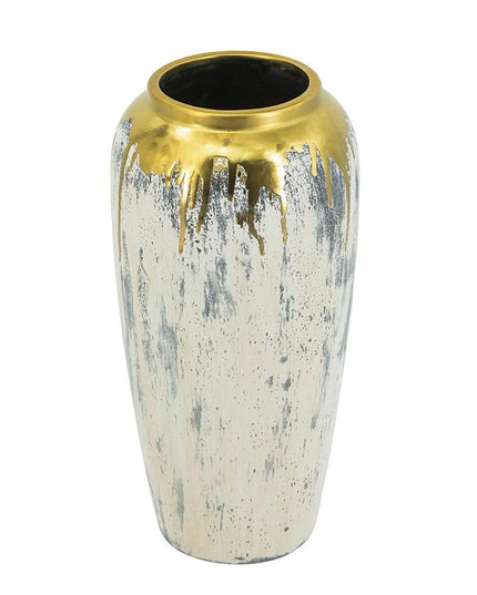 14" Gray Ivory And Gold Modern Abstract Ceramic Table Vase