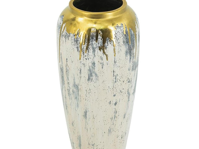 14" Gray Ivory And Gold Modern Abstract Ceramic Table Vase