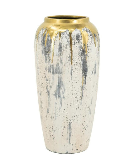 14" Gray Ivory And Gold Modern Abstract Ceramic Table Vase
