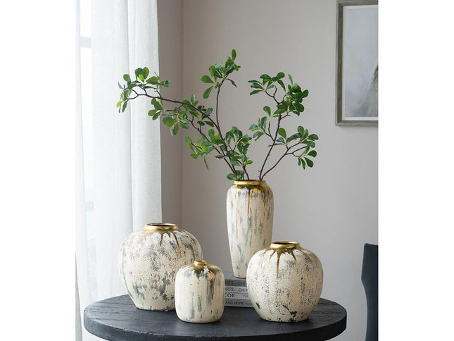 14" Gray Ivory And Gold Modern Abstract Ceramic Table Vase