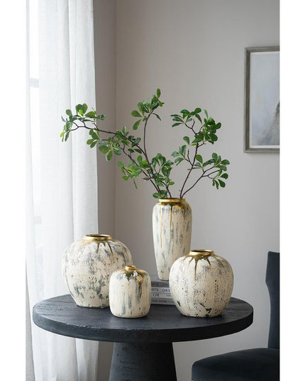 14" Gray Ivory And Gold Modern Abstract Ceramic Table Vase