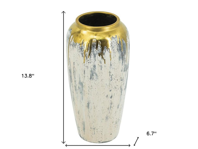 14" Gray Ivory And Gold Modern Abstract Ceramic Table Vase