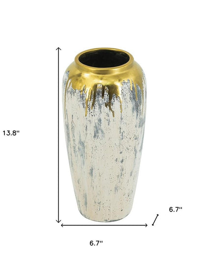 14" Gray Ivory And Gold Modern Abstract Ceramic Table Vase