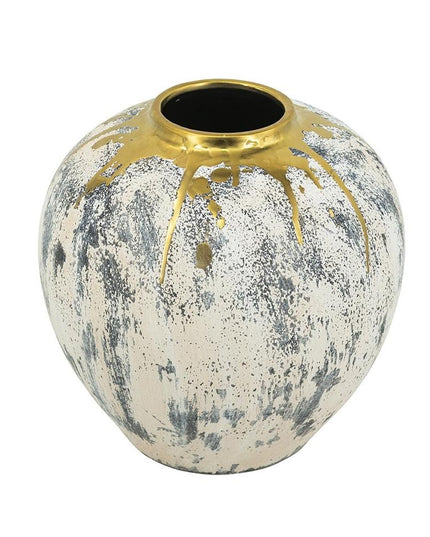 12" Gray Ivory And Gold Modern Abstract Ceramic Table Vase