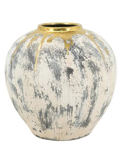 12" Gray Ivory And Gold Modern Abstract Ceramic Table Vase