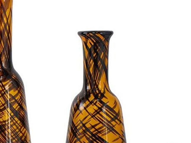 Set of Three Amber Abstract Swirl Glass Decorative Bottles With Stoppers