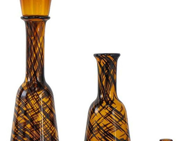 Set of Three Amber Abstract Swirl Glass Decorative Bottles With Stoppers