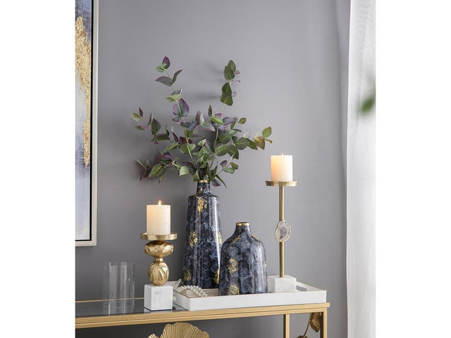 14" Blue And Gold Abstract Bud Glass Table Vase