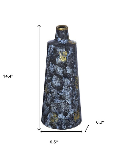 14" Blue And Gold Abstract Bud Glass Table Vase