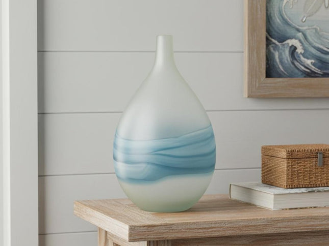 16" White And Blue Swirl Art Glass Table Vase
