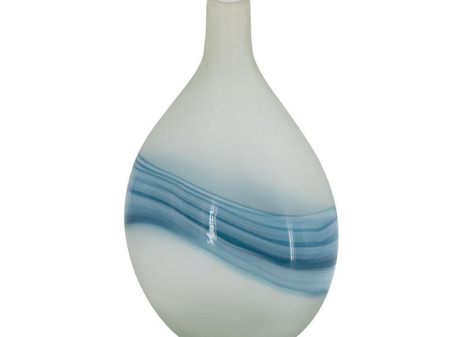 16" White And Blue Swirl Art Glass Table Vase