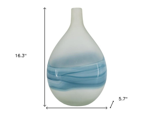 16" White And Blue Swirl Art Glass Table Vase