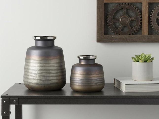 Set of Two Black And Gray Abstract Glass Round Table Vases