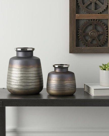 Set of Two Black And Gray Abstract Glass Round Table Vases