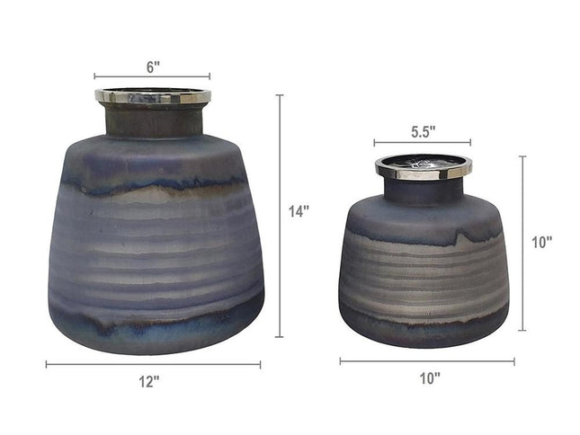 Set of Two Black And Gray Abstract Glass Round Table Vases