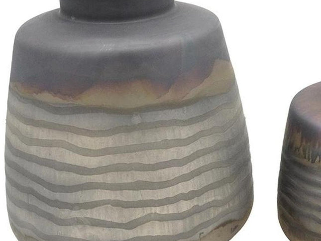 Set of Two Black And Gray Abstract Glass Round Table Vases