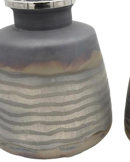 Set of Two Black And Gray Abstract Glass Round Table Vases