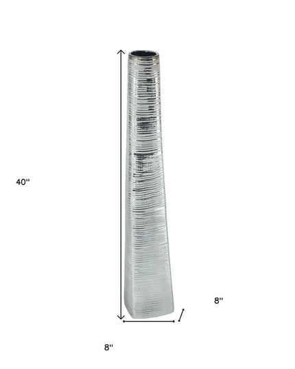 40" Silver Striped Tapered Ceramic Floor Vase