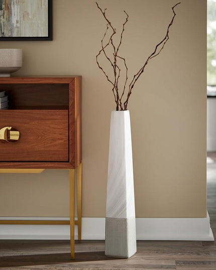 32" White Faceted Geometric Tapered Ceramic Floor Vase