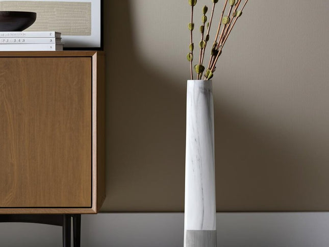 40" White Faux Marble Tapered Ceramic Floor Vase