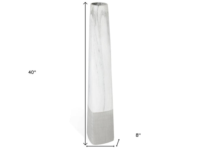 40" White Faux Marble Tapered Ceramic Floor Vase