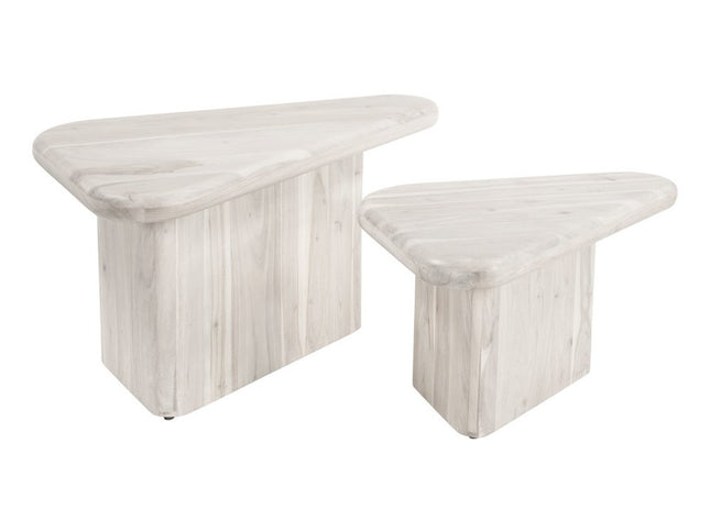 Set of Two Natural Solid Wood Triangle Pedestal Nested Coffee Tables