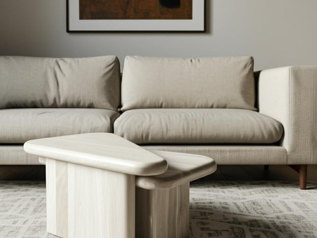 Set of Two Natural Solid Wood Triangle Pedestal Nested Coffee Tables