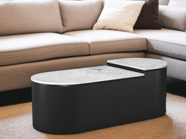 Set of Two Black And White Wood And Faux Marble Oval Drum Bunching Coffee Tables