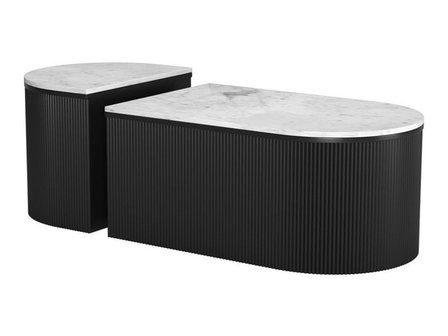 Set of Two Black And White Wood And Faux Marble Oval Drum Bunching Coffee Tables