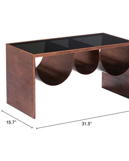 32" Black and Copper Mirrored Glass and Steel Solid Coffee Table