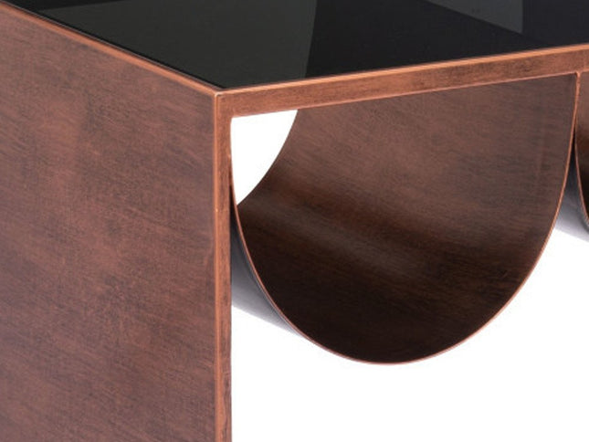 32" Black and Copper Mirrored Glass and Steel Solid Coffee Table