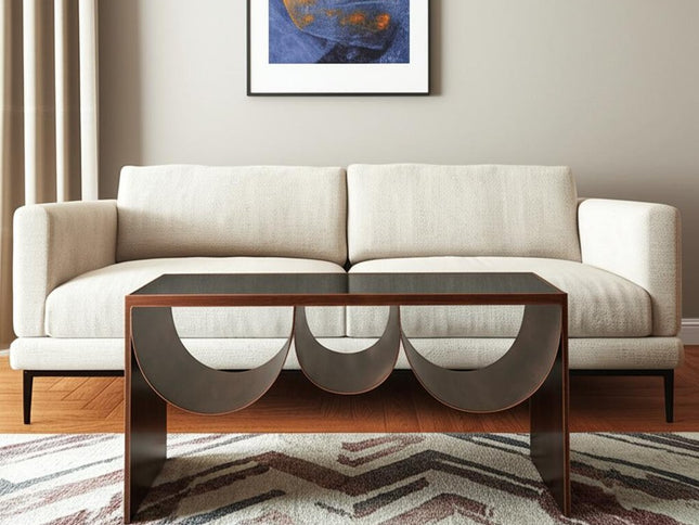 32" Black and Copper Mirrored Glass and Steel Solid Coffee Table