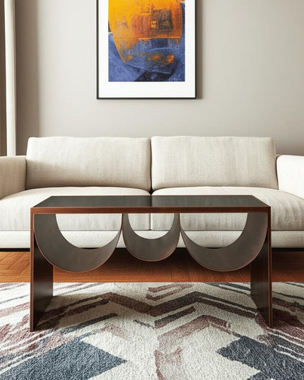 32" Black and Copper Mirrored Glass and Steel Solid Coffee Table