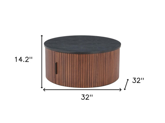 32" Black and Walnut Wood Round Drum Coffee Table