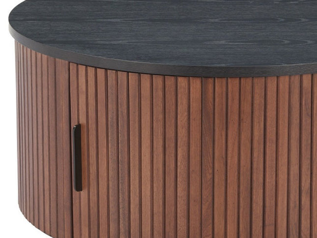 32" Black and Walnut Wood Round Drum Coffee Table