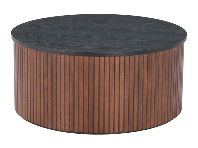 32" Black and Walnut Wood Round Drum Coffee Table