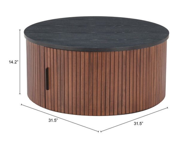 32" Black and Walnut Wood Round Drum Coffee Table