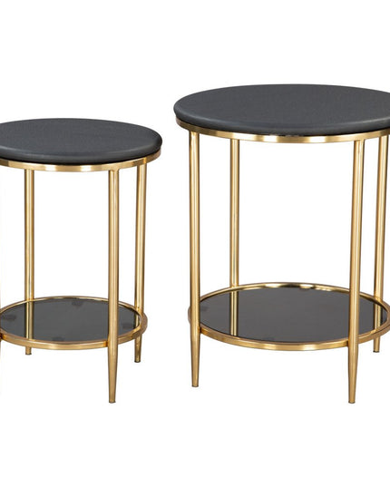 18" Black Genuine Marble And Wood Round Coffee Table