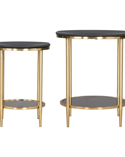 18" Black Genuine Marble And Wood Round Coffee Table